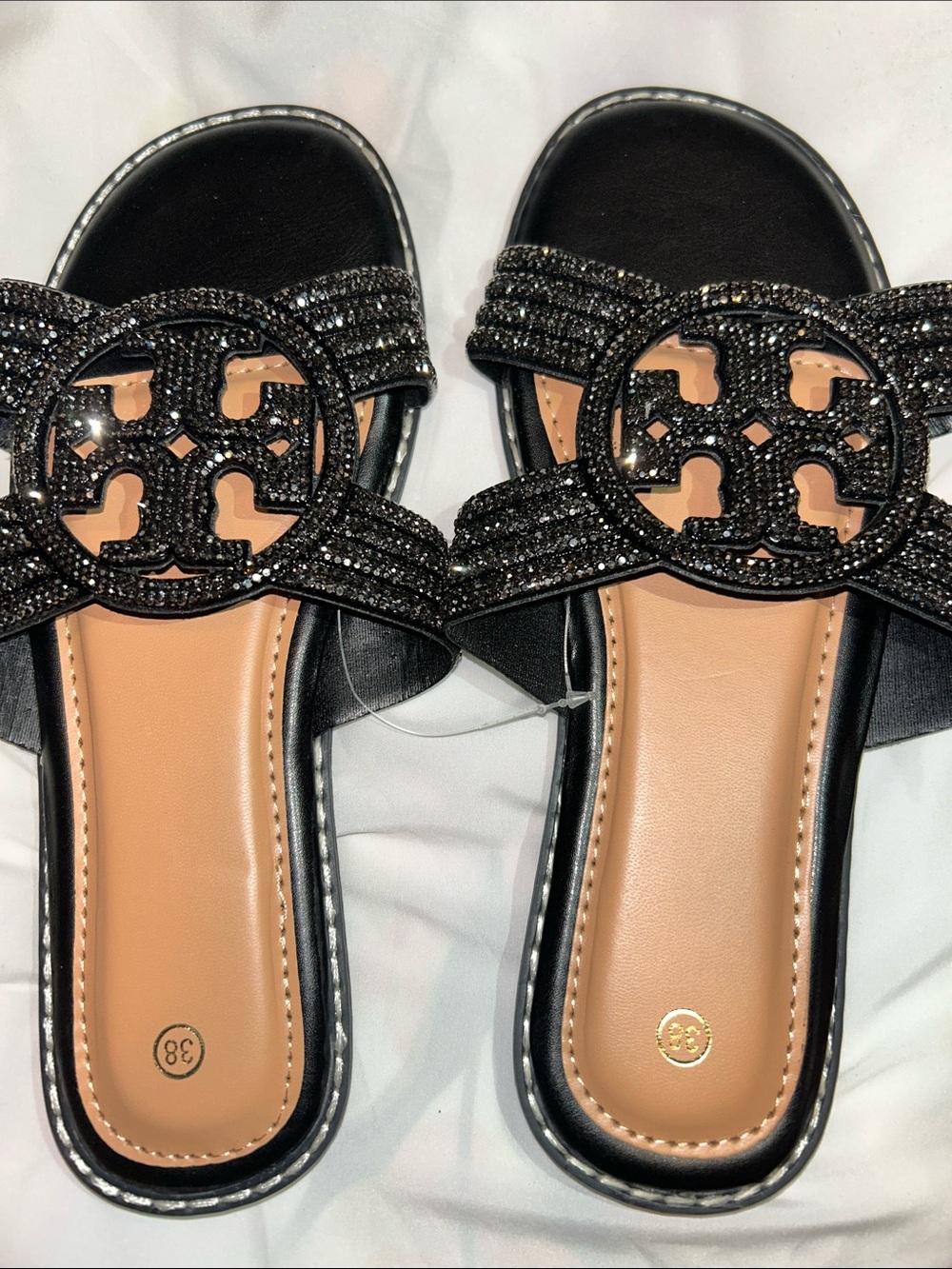 Black Crystal-Embellished Slide Sandals
